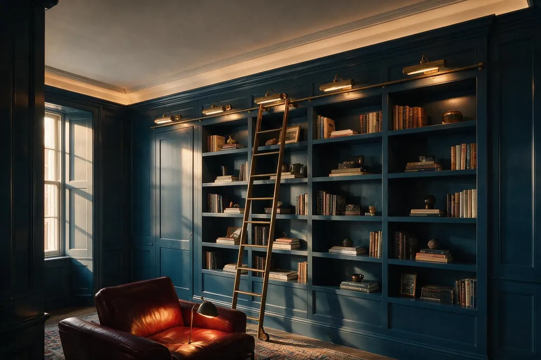 Classic English study with floor-to-ceiling shelving and rolling ladder