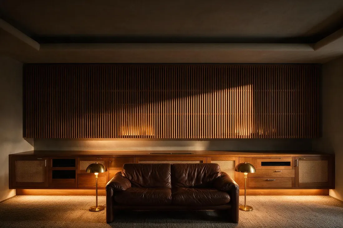 Midcentury modern media room with teak credenza wall, slatted acoustic panel, and warm low pools of evening light