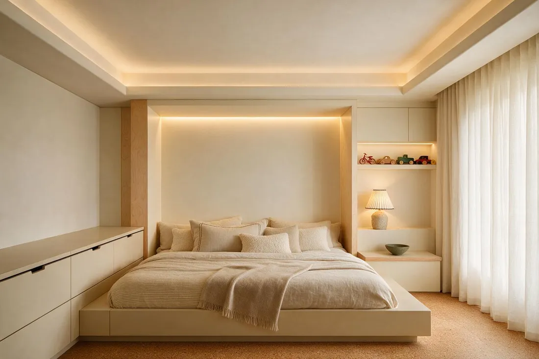 Scandinavian children's bedroom with a built-in clay-lacquered bed and glowing headboard niche