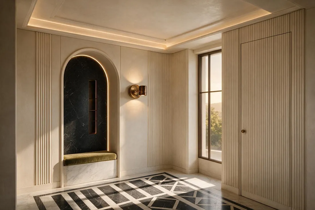 Modern classical entrance hall with a lit arched niche and concealed coat store