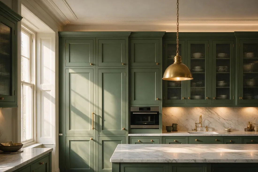 Neoclassical kitchen with sage-green floor-to-ceiling shaker cabinetry, fluted glass doors and honed Carrara worktops in morning light