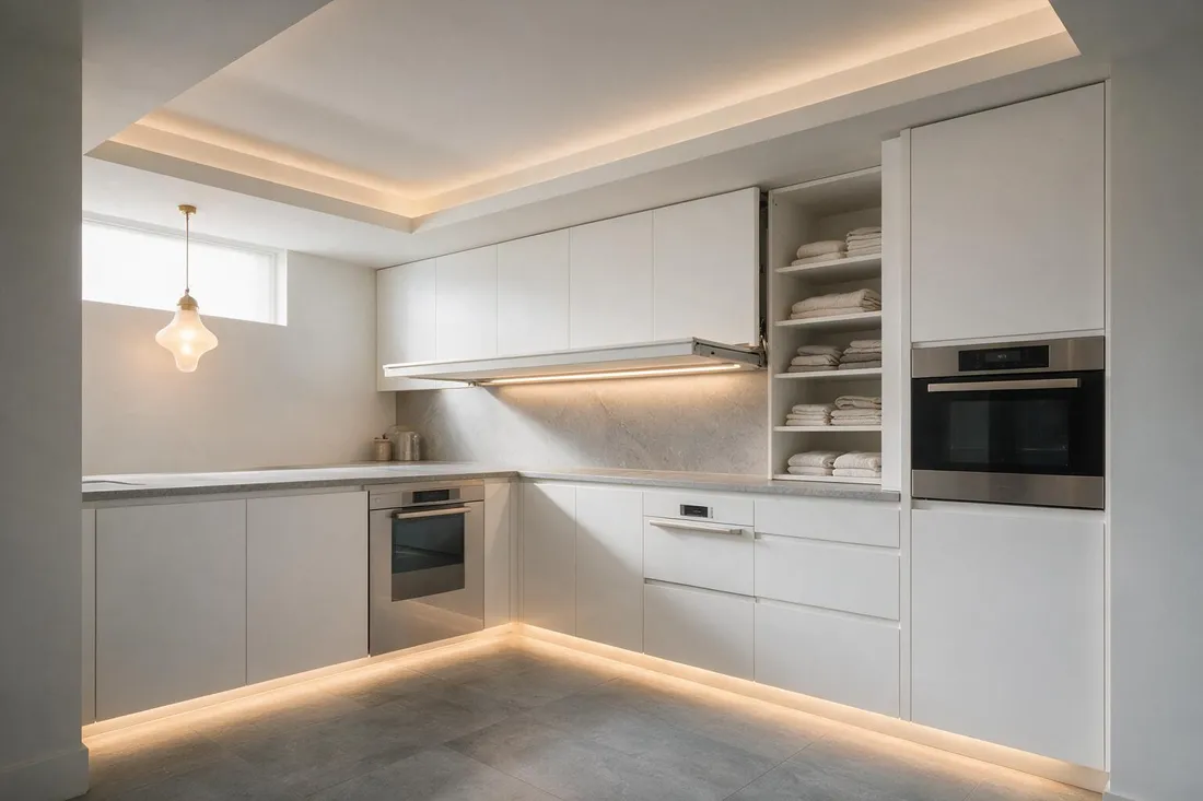 Practical modern laundry and utility room with integrated appliances and lit folding counter