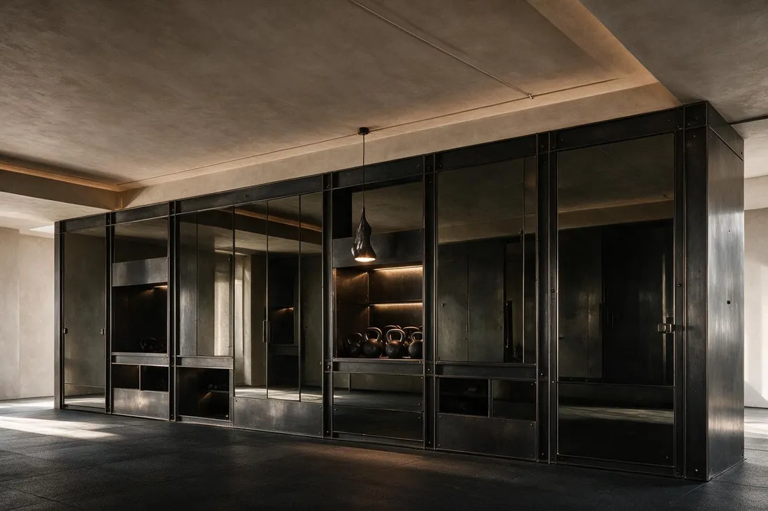 Industrial luxe home gym with a mirrored rack wall and blackened steel frame under cold morning light