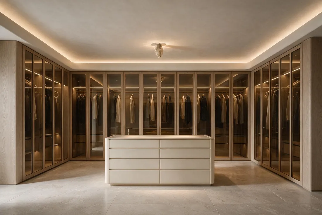 Quiet luxury walk-in dressing room with glass-fronted cabinetry, LED reveals, and a drawer island under shadowless light