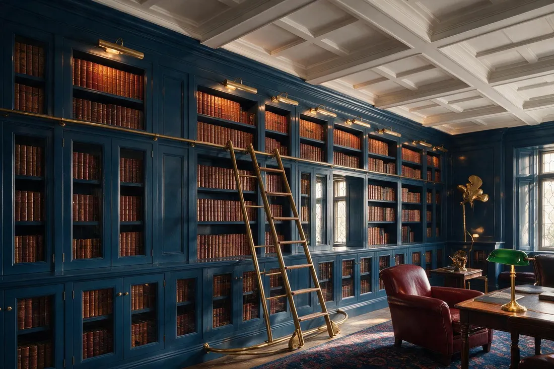 Classic English study and library with ink blue panelling, a rolling ladder, and lit brass picture lights