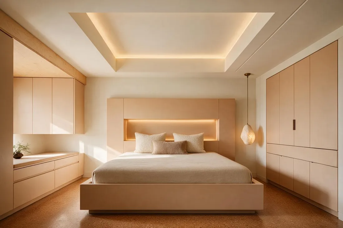 Warm Scandinavian children's bedroom with built-in bed and lit headboard niche