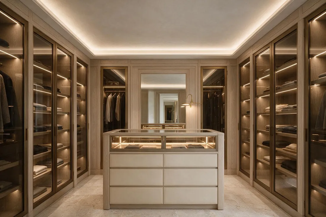 Quiet luxury walk-in dressing room with glass-fronted oak cabinetry and an island of leather drawers