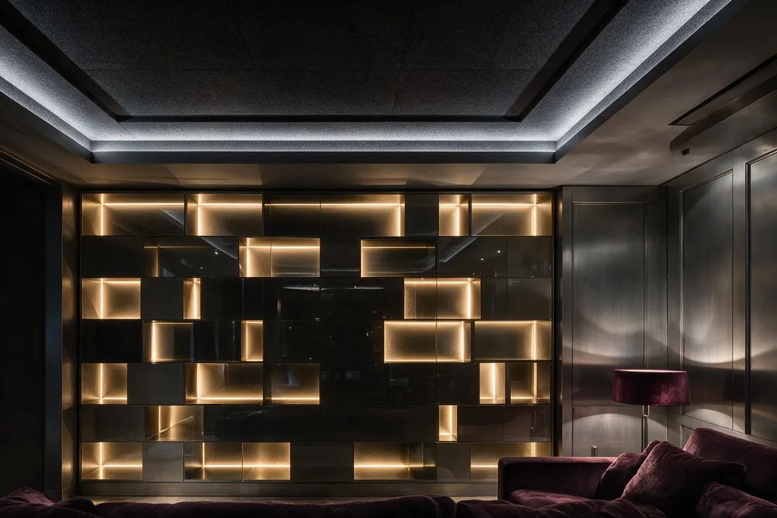 Luxury tech gaming room at night with a backlit smoked glass display wall and aubergine velvet seating