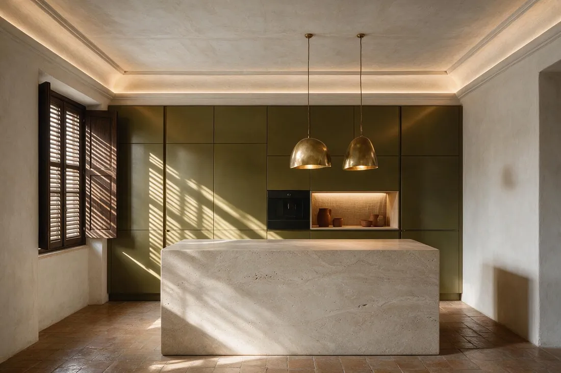 Mediterranean modern kitchen and dining space with a stone island and concealed cabinetry wall