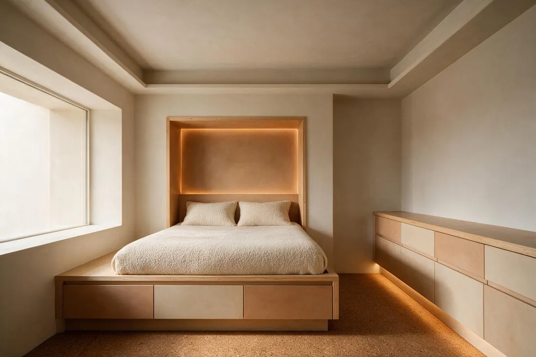 Warm Scandinavian children's bedroom with built-in bed, lit headboard niche, and clay-toned storage wall under bright midday light