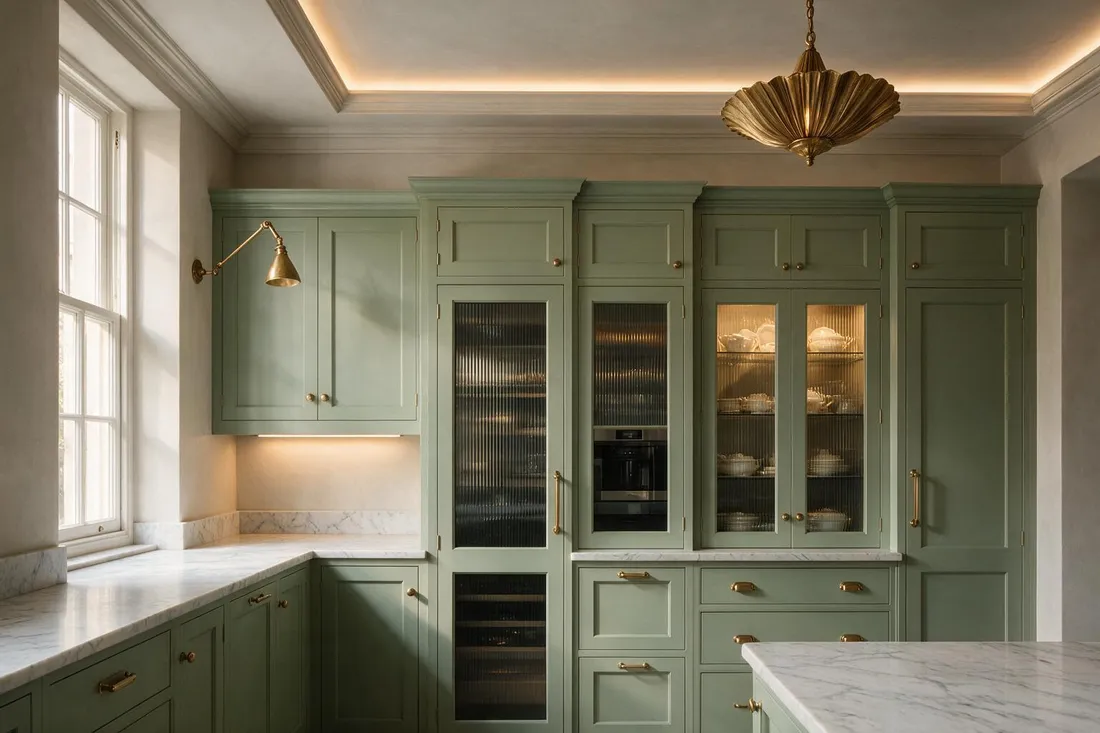 Neoclassical kitchen with sage shaker cabinetry, fluted glass uppers and Carrara worktops in bright daylight