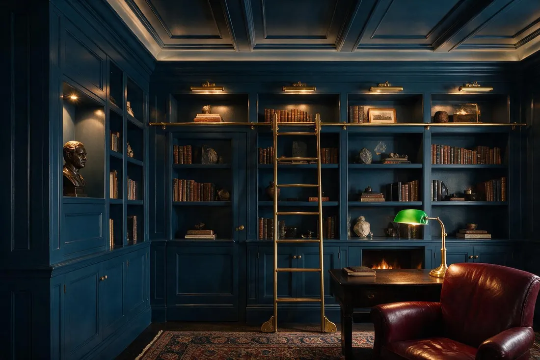 English study and library with ink-blue panelling, brass picture lights and a rolling ladder