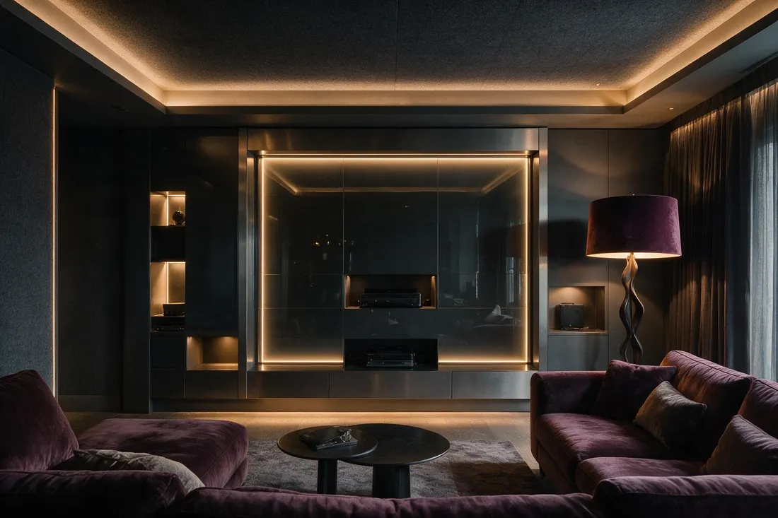 Luxury tech gaming room with backlit display wall at night