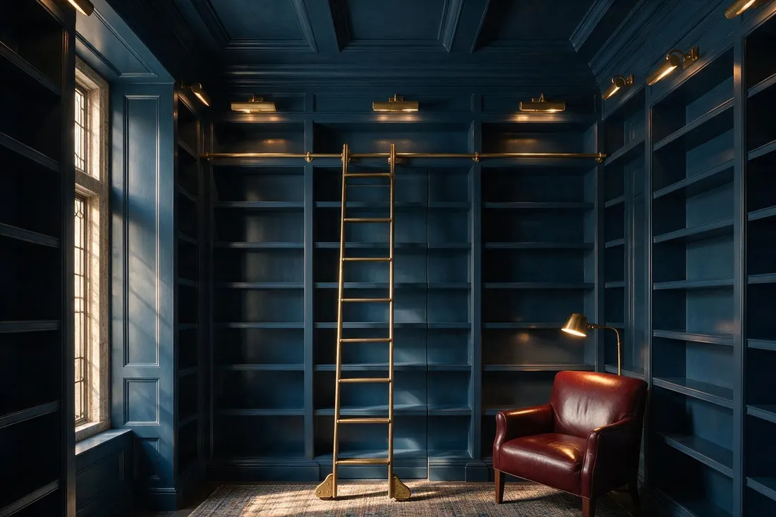 Classic English study and library with rolling ladder shelving and concealed jib door at dusk