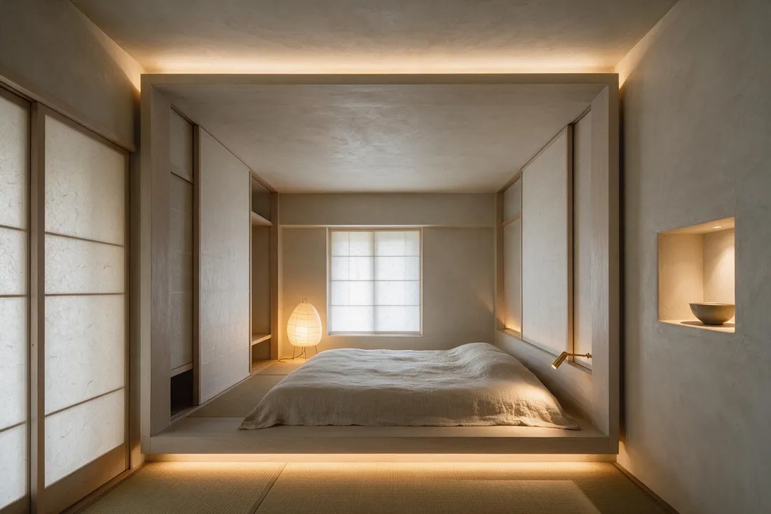 Japandi guest bedroom with a recessed timber alcove platform bed lit by a soft paper-filtered window
