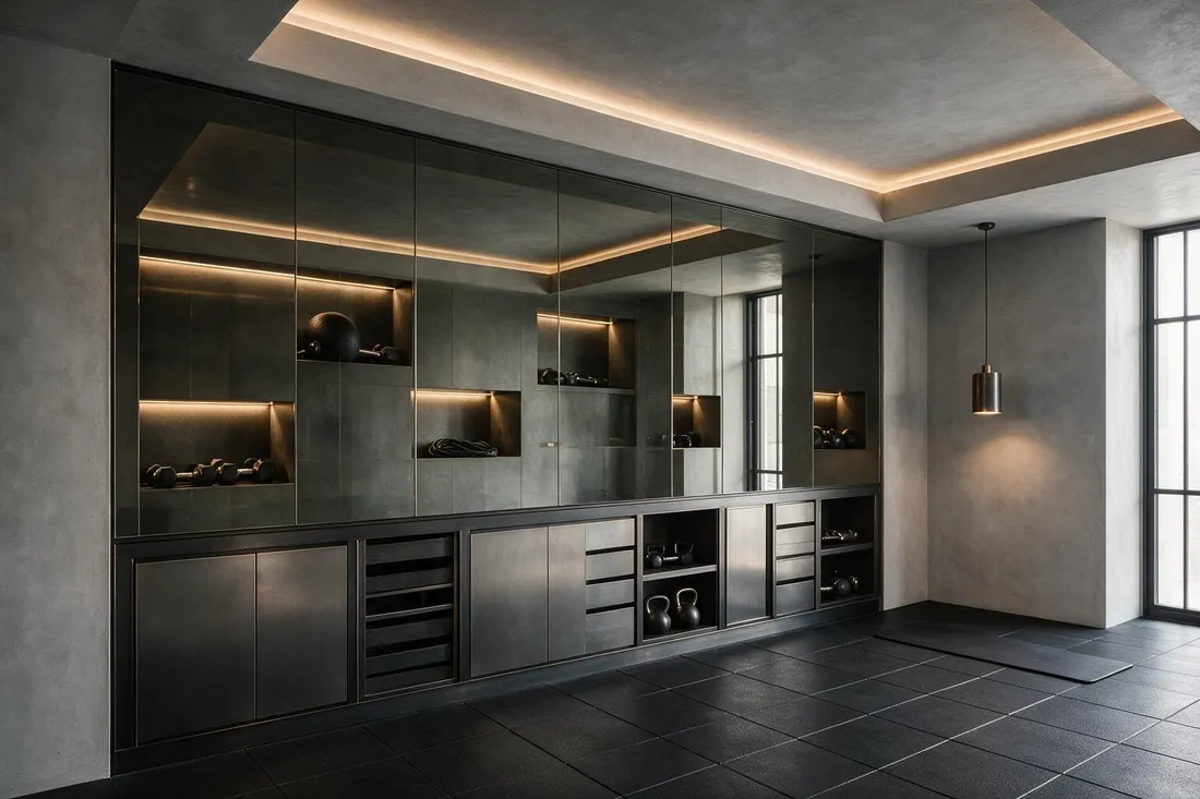Industrial luxe home gym with a smoked mirror wall concealing a blackened steel rack recess
