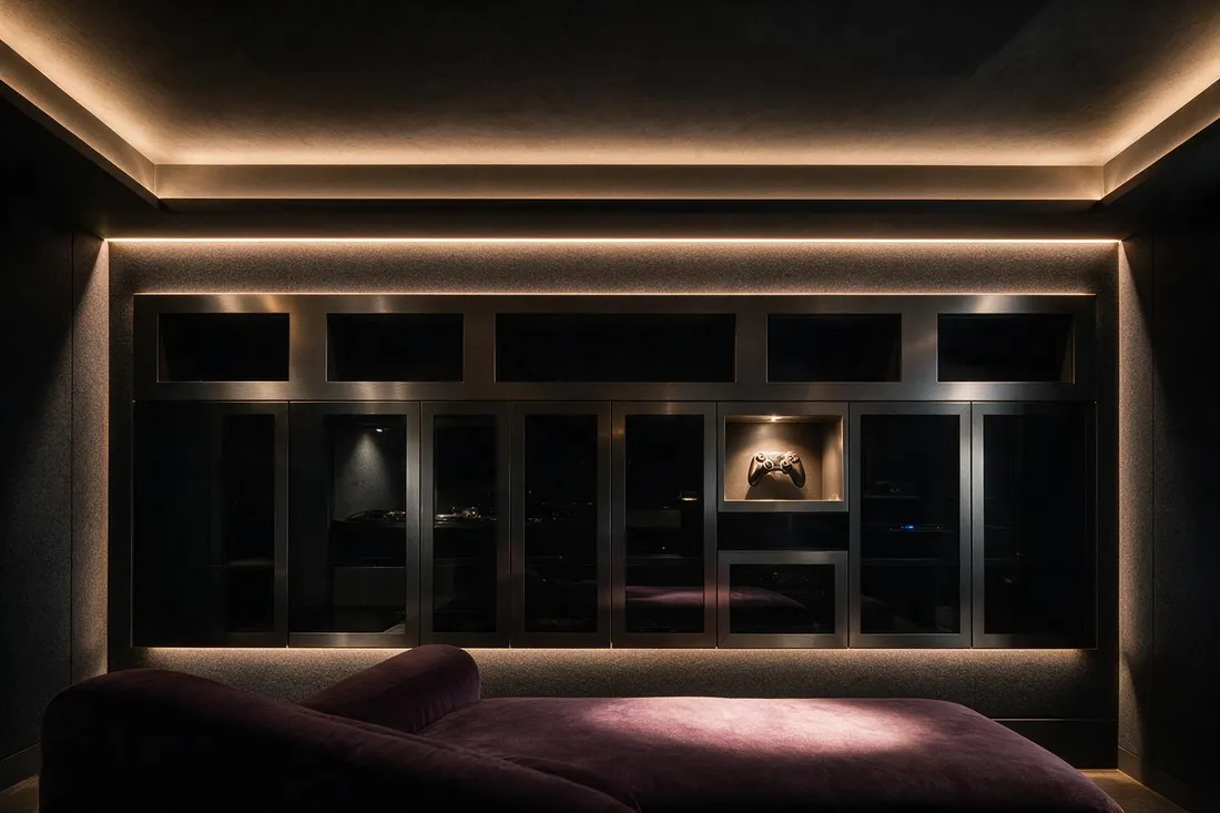 Luxury tech gaming room with a backlit felt display wall and concealed cable run at night