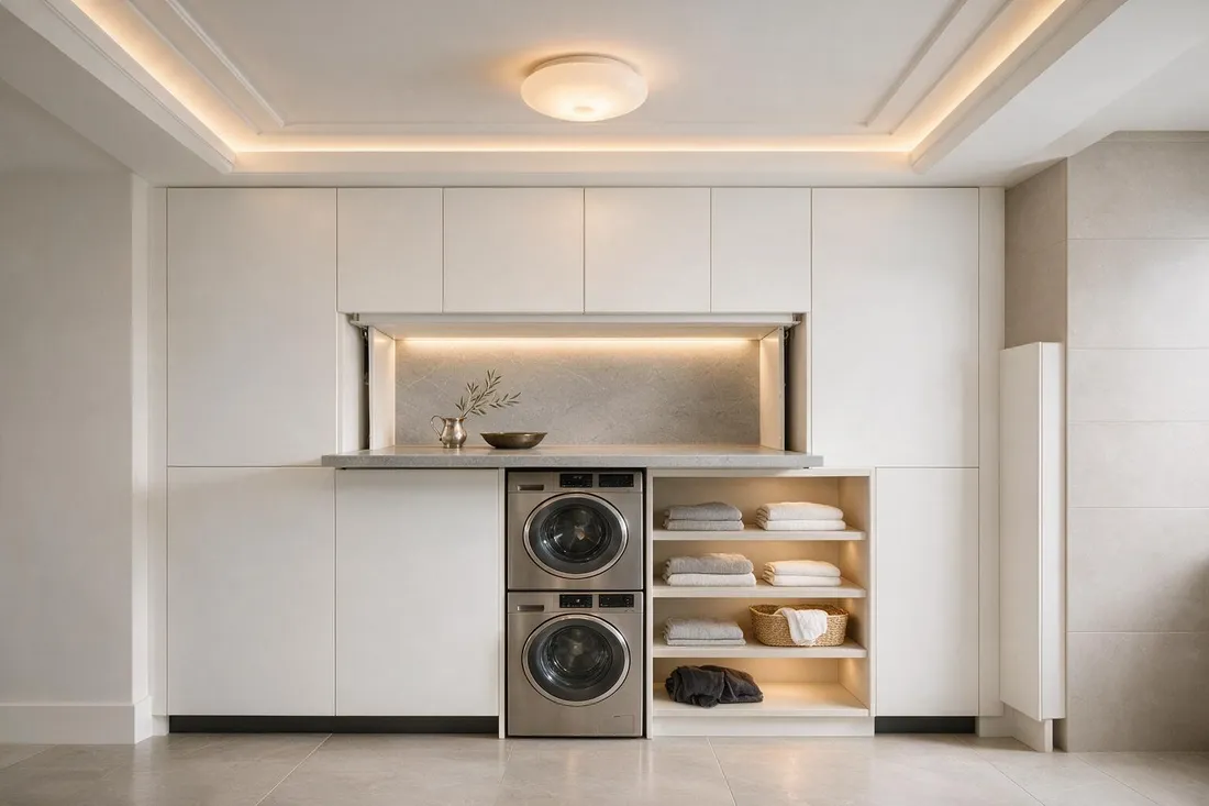 Practical modern laundry and utility room with matte white lacquered cabinetry and a lit folding counter