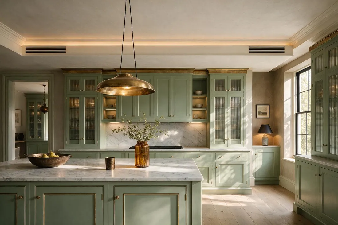 Neoclassical kitchen with floor-to-ceiling sage cabinetry and concealed larder