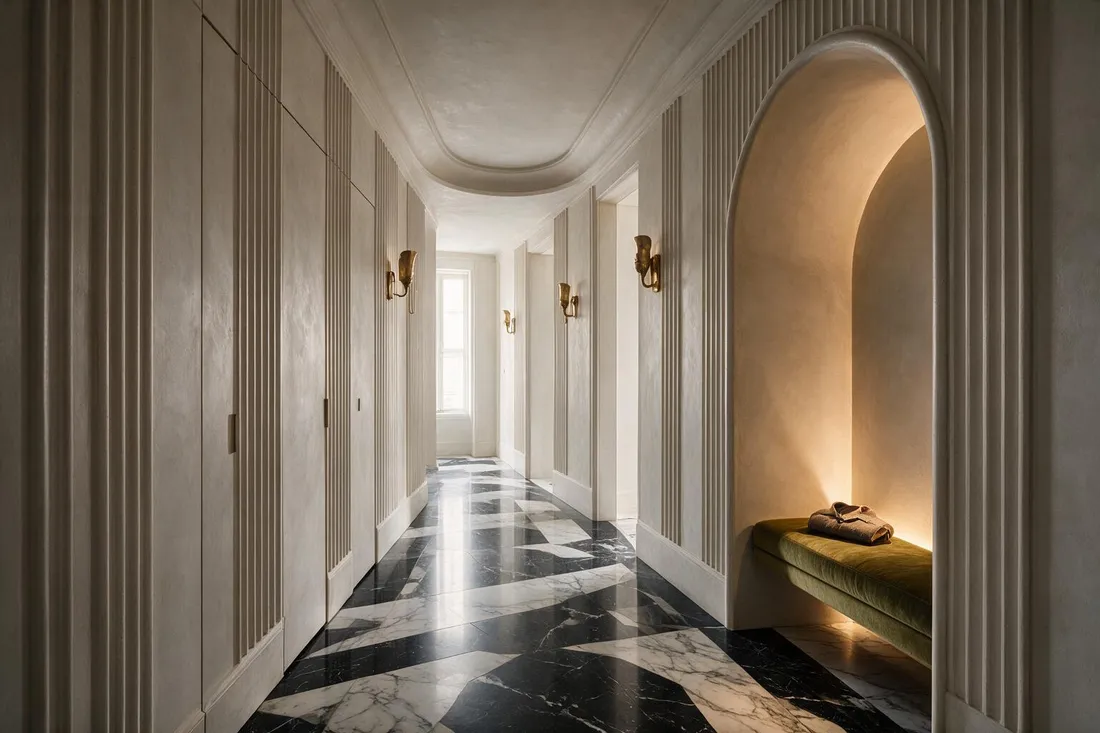 Modern classical entrance hall with lit arched niche, concealed coat store, and marble inlay floor lit by a tall window