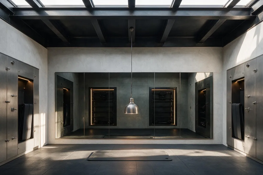 Industrial luxe home gym with a smoked mirror wall, integrated rack recess and lit equipment niches at dawn