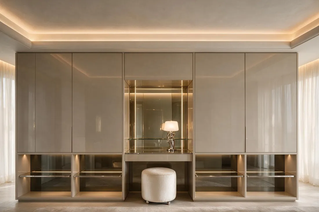 Modern glamour principal bedroom with a wall-to-wall lacquered wardrobe and backlit dressing niche