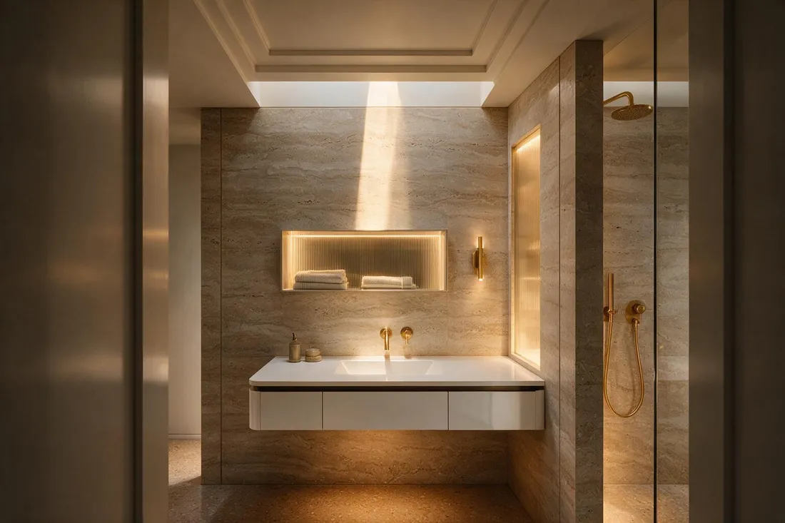 Modern spa bathroom with a floating travertine vanity and backlit mirror niche