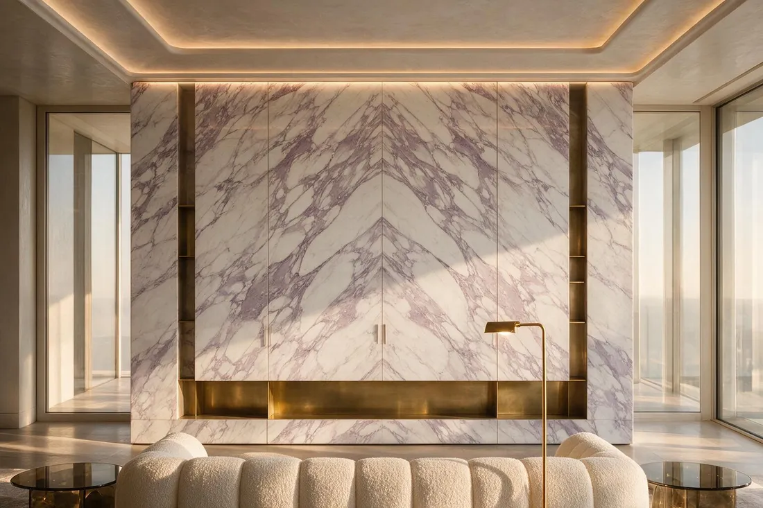 Contemporary luxury penthouse living room with a book-matched marble media wall lit by late afternoon sun