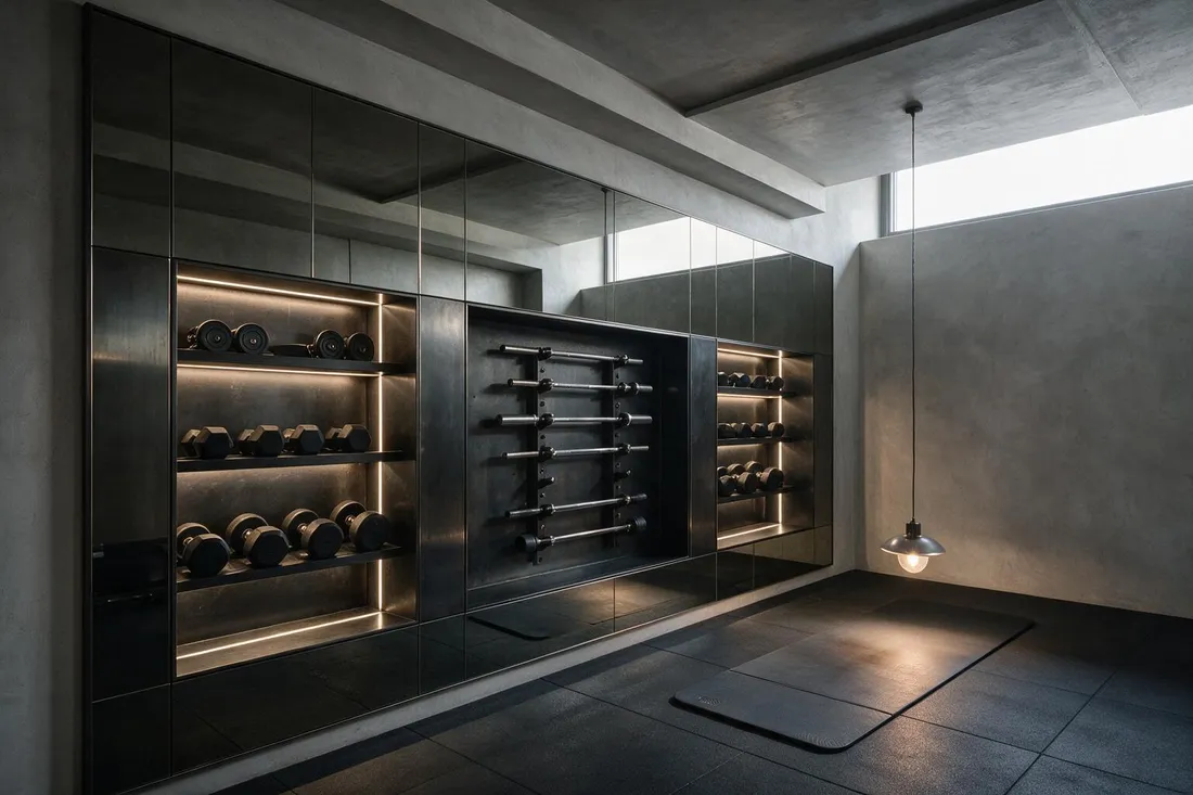 Industrial luxe home gym with mirrored wall and lit equipment niches at dawn