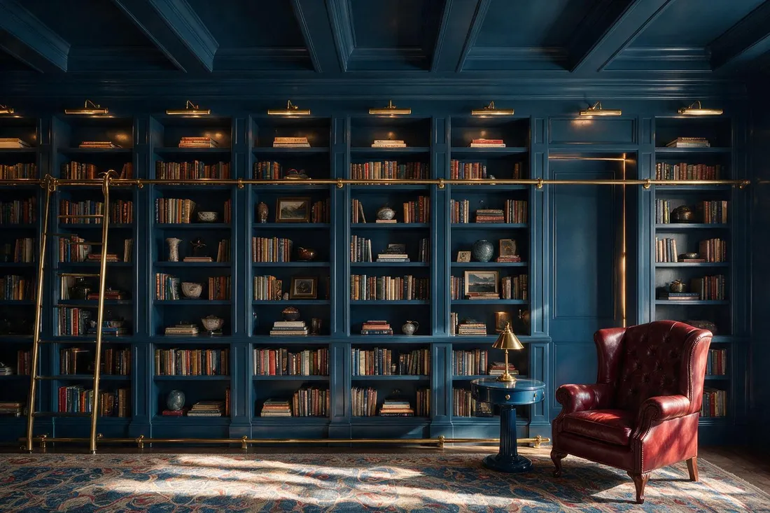 Classic English study and library with ink-blue floor-to-ceiling shelving, a rolling ladder and lit brass picture lights