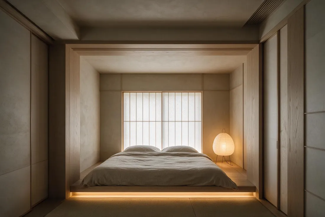 Japandi guest bedroom with platform bed built into a lit timber alcove