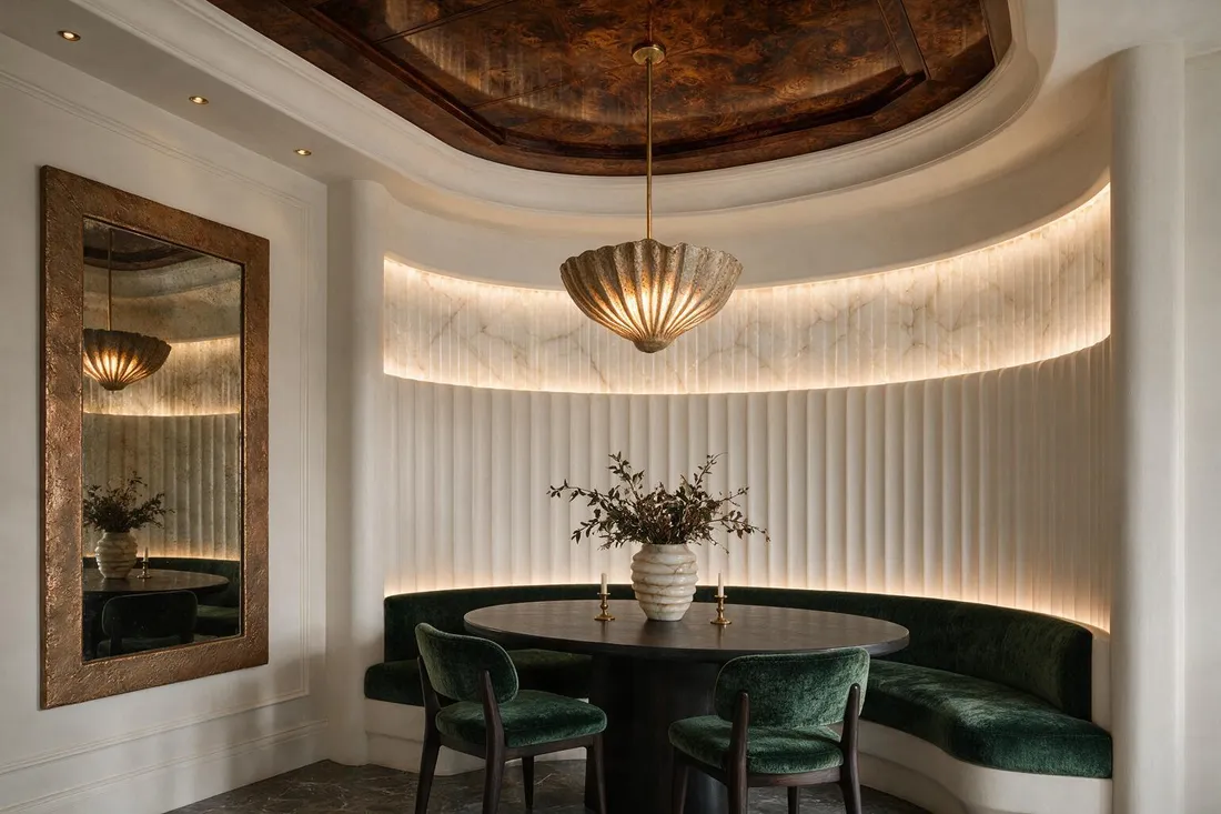 Art deco dining room with curved fluted-plaster banquette, alabaster shelf, and a sculptural fixture over the table at dusk