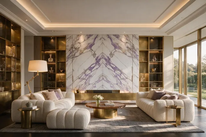 Penthouse living room with book-matched Calacatta Viola marble media wall and brass detailing at golden hour