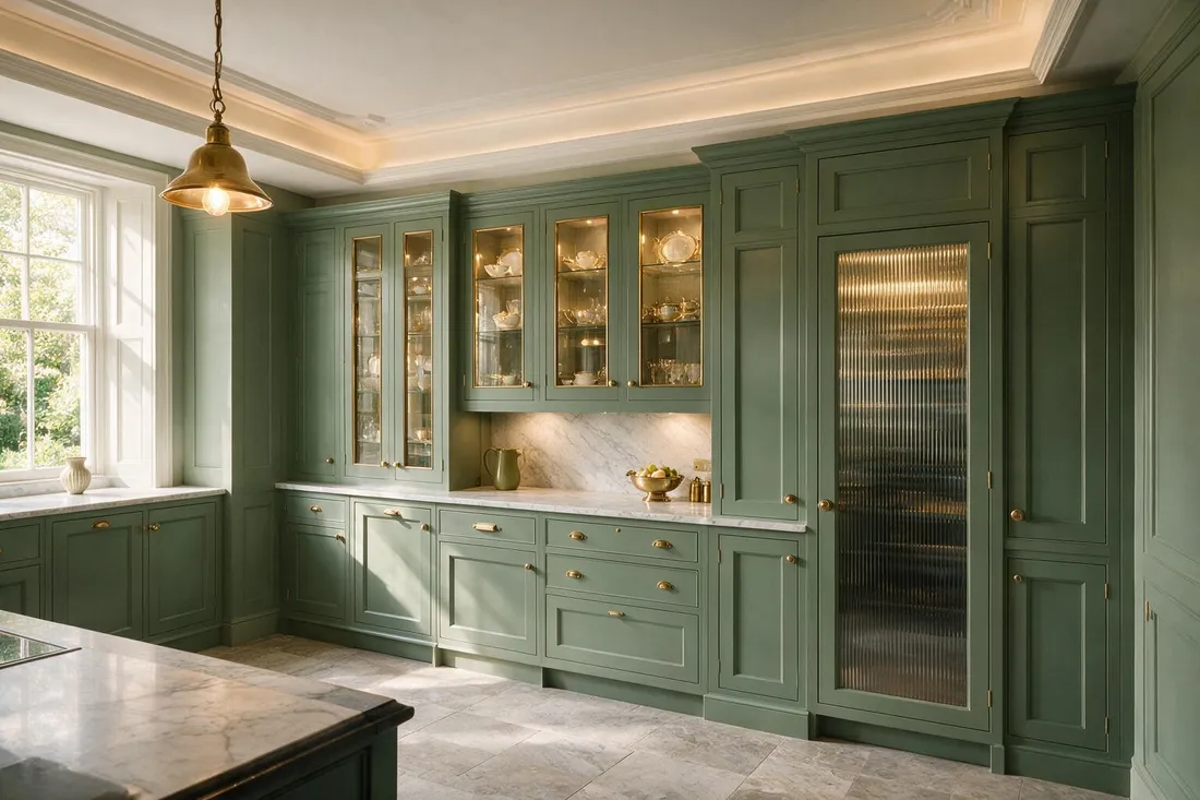 Neoclassical kitchen with sage shaker cabinetry, Carrara worktops, and fluted glass uppers in morning light