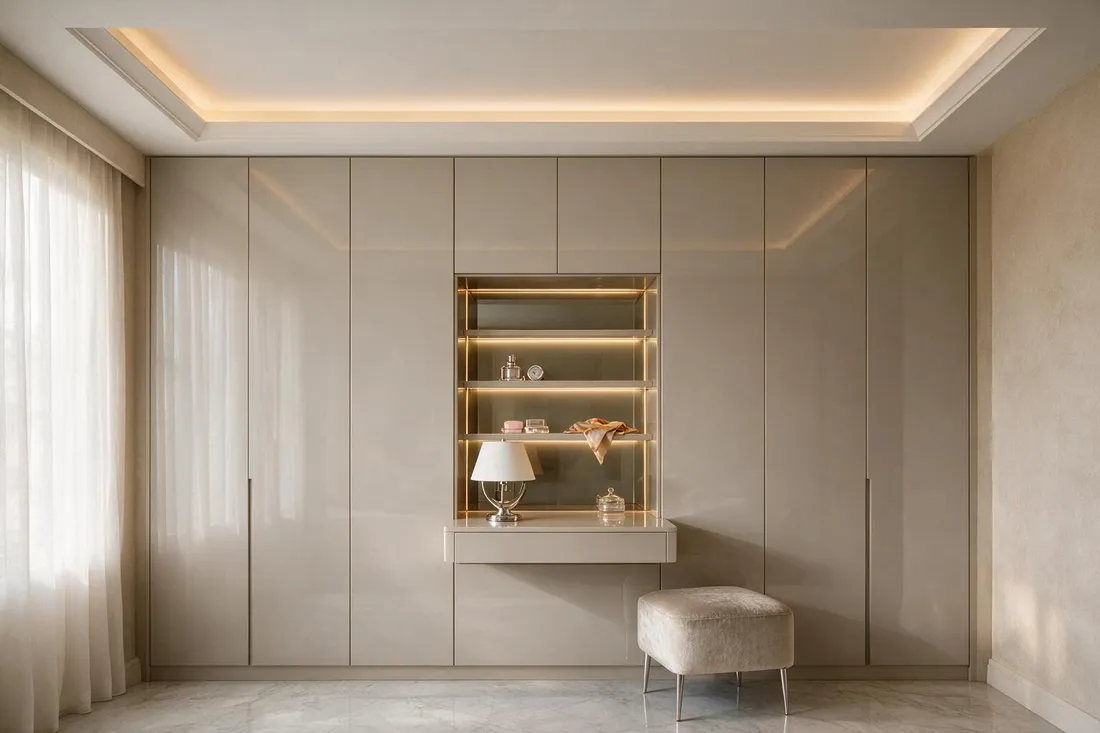 Modern glamour bedroom with high-gloss greige wardrobe wall and backlit smoked mirror niche