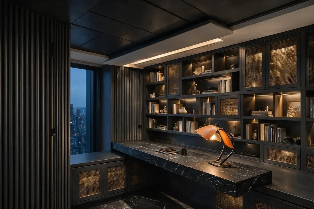 Dark modern home office with cantilevered desk, fluted acoustic slats, and bronze mesh bookcase