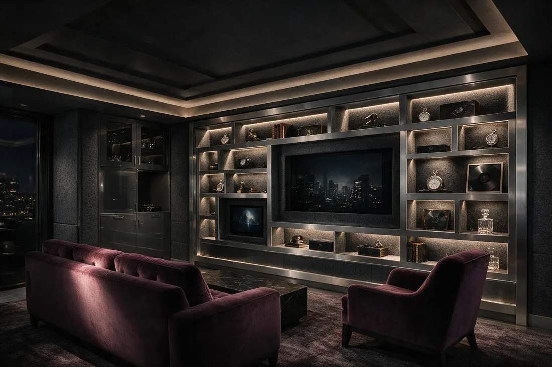 Luxury tech gaming room with backlit display wall, smoked glass, and velvet seating at night