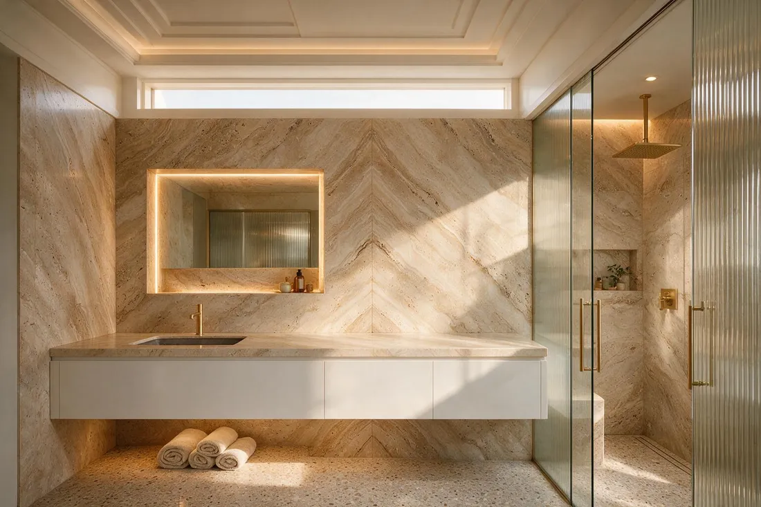 Modern spa bathroom with travertine walls, floating vanity, and backlit mirror niche under clerestory light