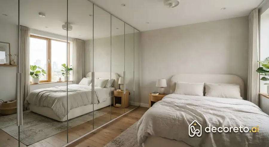 a wardrobe wall with grooved mirror and hidden handles; the ten-meter room looks twice as big