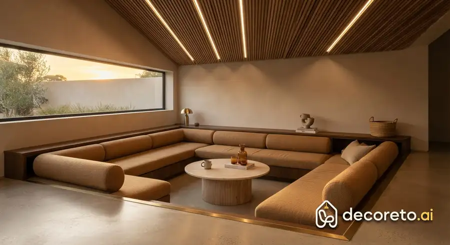one step down from the floor; wooden rail ceiling with linear lighting in the grooves. when guests come, they don't want to leave