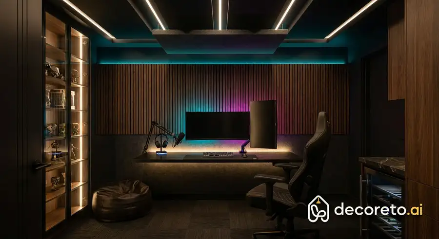 a proper gaming room: fluted acoustic panels, floating desk with lighting underneath, collection showcase, and channel ceiling. the lighting is tuned, not rainbow