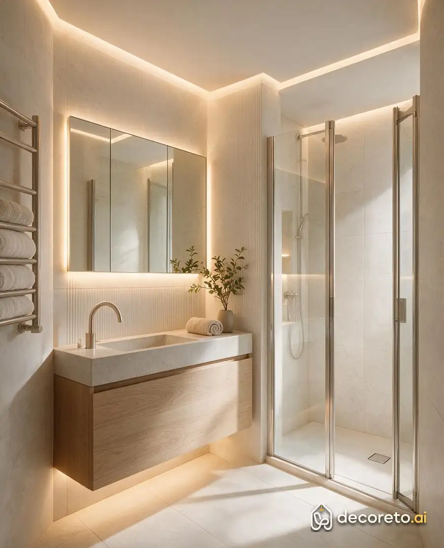 it was 3 meters: shallow sink, full-width mirrored cabinet with lighting, and large-format stone to minimize seams