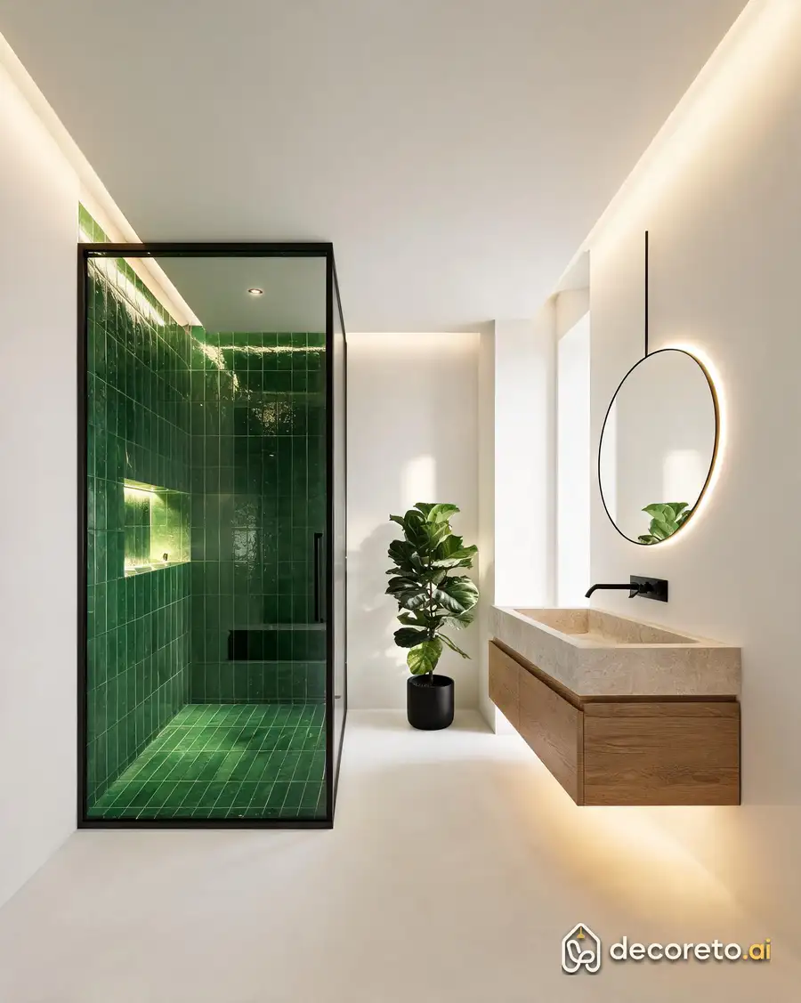 Bath · Emerald tiled shower, black steel — 2