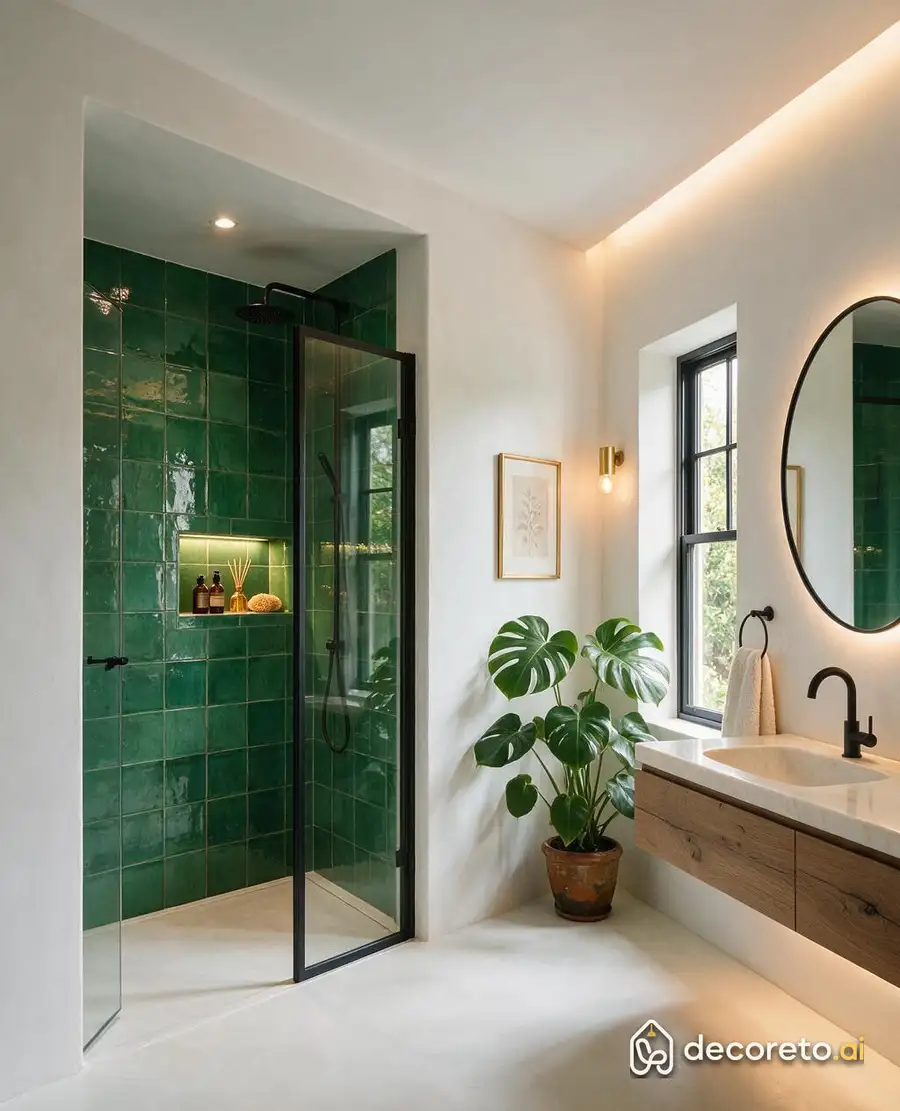 only the inside of the shower is emerald tile and the rest stays white; when the light hits, green shines through the glass