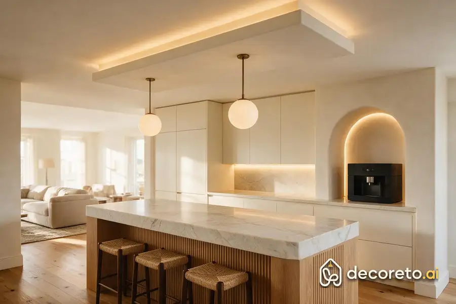 the wall between kitchen and living room was removed and replaced with a stone counter; the floor continues seamlessly