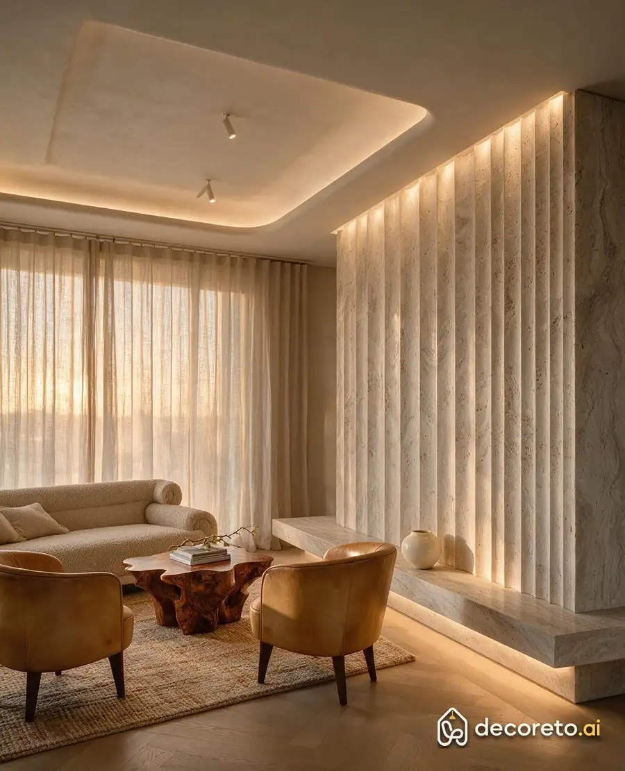 we wrapped the whole room around a fluted travertine wall; hidden lighting pours down the grooves and turns the room golden in the evenings