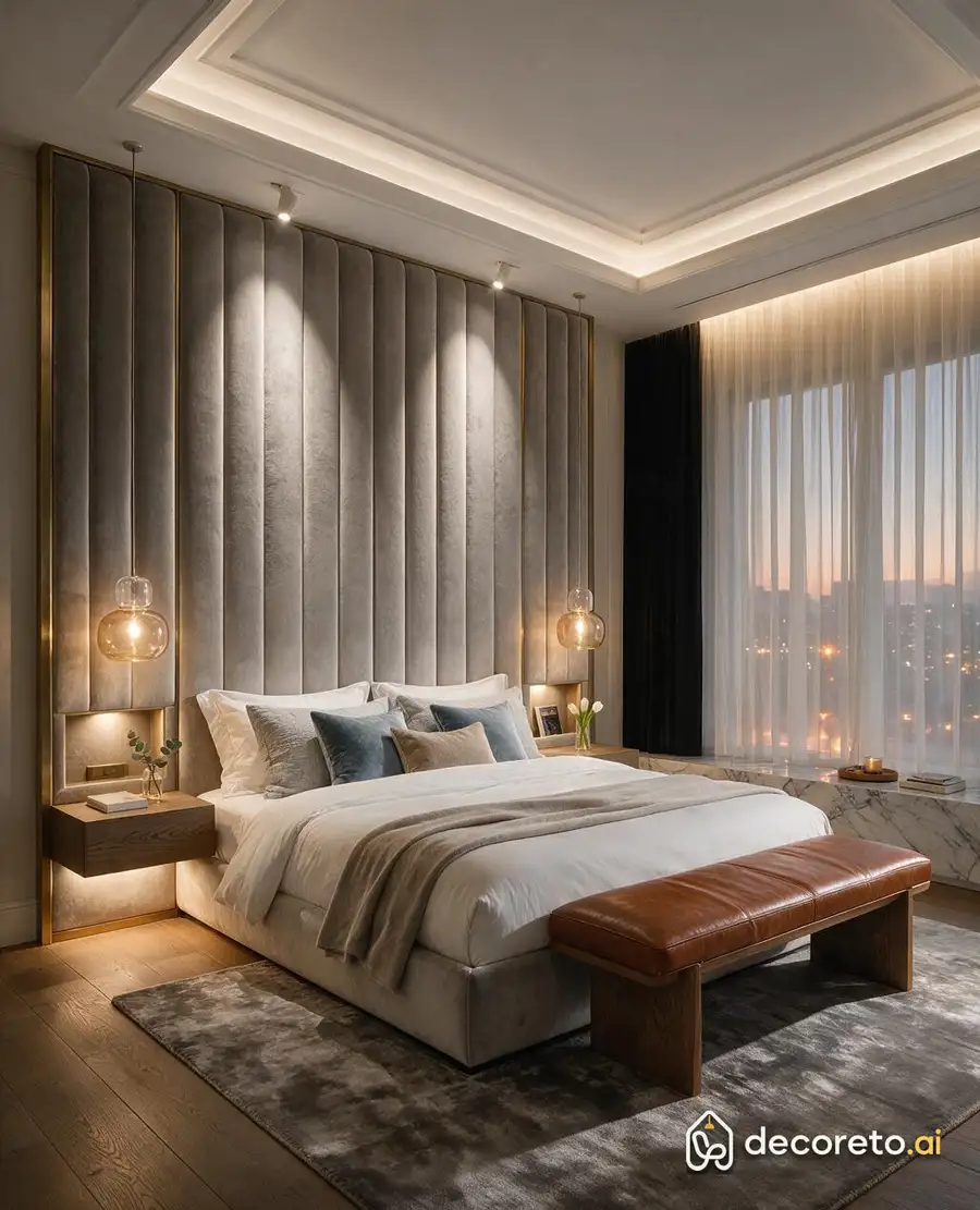 complete master suite: wall behind the bed upholstered to the ceiling, framed ceiling with hidden lights, built-in bedside tables with lights and hidden rail curtains