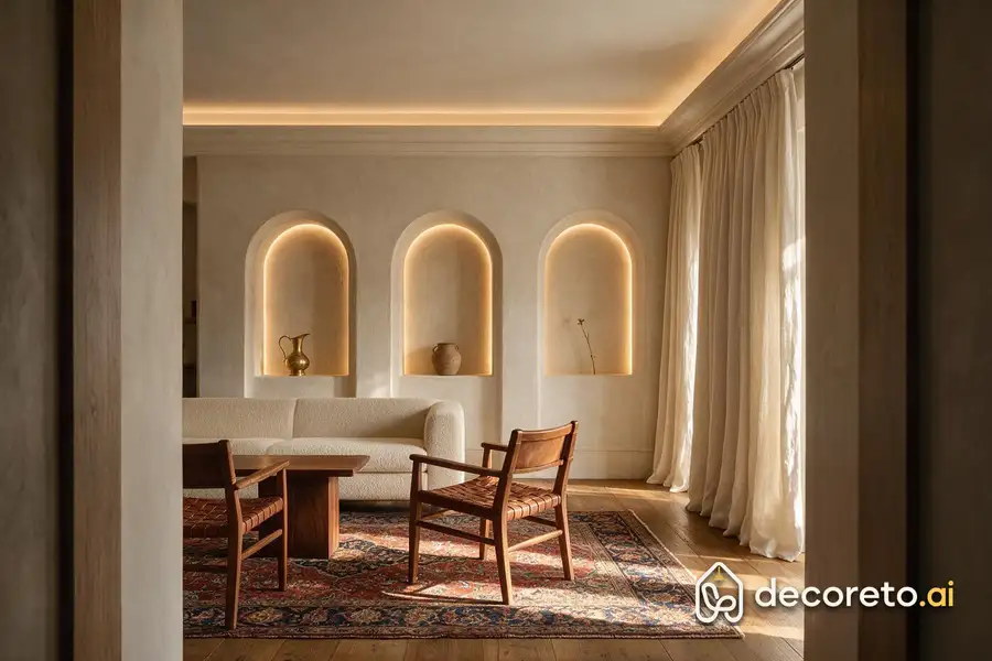 grandma's handmade rug stayed and the rest of the room was designed around it — arched shelves with hidden lights, exactly the color of the wall plaster