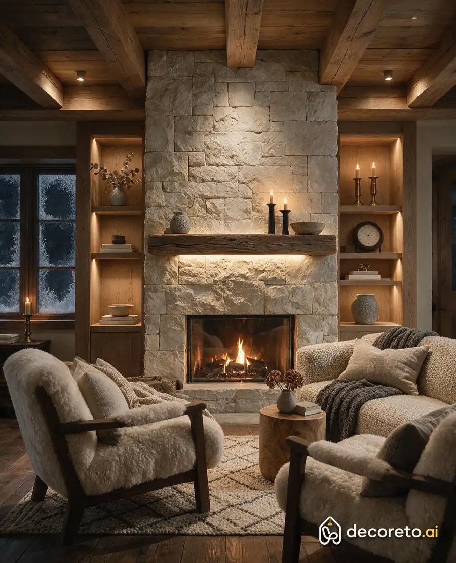 Living room · Floor-to-ceiling stone hearth, winter — 2