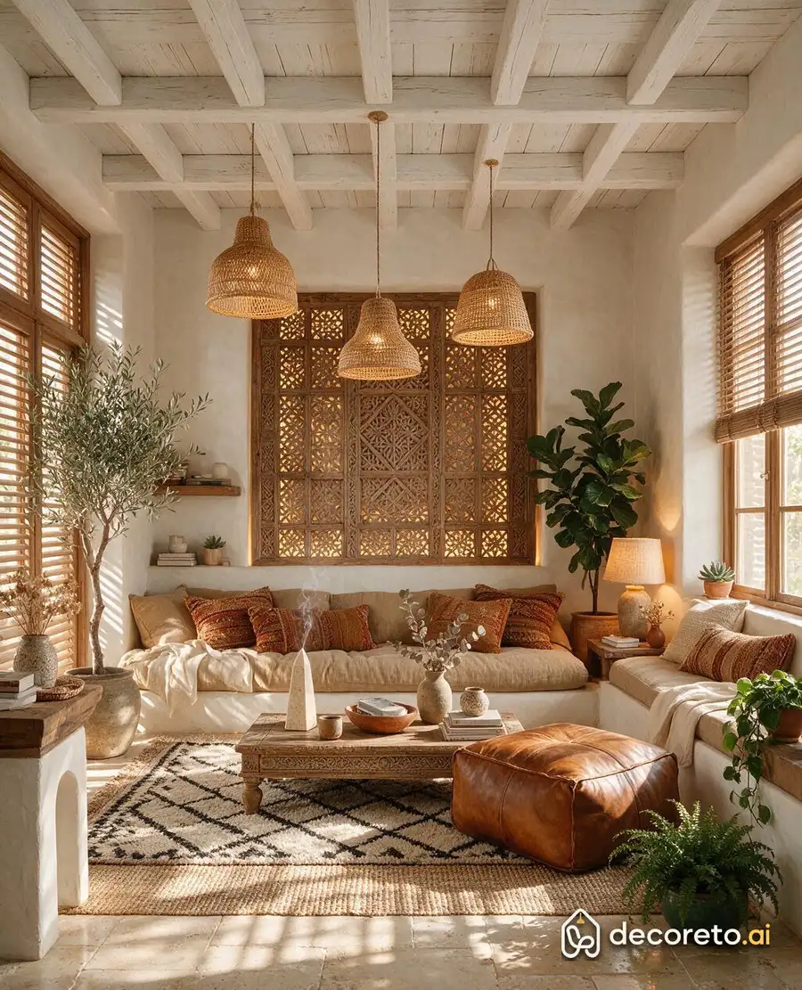 Living room · Elevated boho, carved screen and rattan — 2